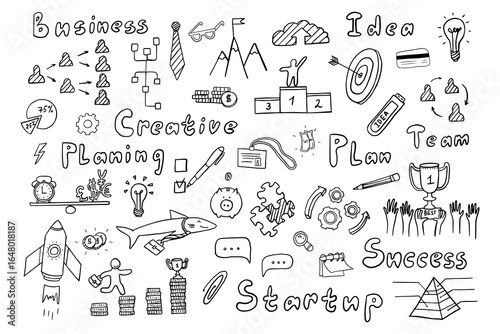 Business elements in doodle style. Success, startup, team, good idea, creative, plan. 