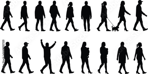 Silhouettes of People Walking, Holding Baby, and Walking Dog, Urban Lifestyle Vector Illustration in Various Poses