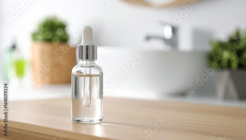 Clear Glass Dropper Bottle Displayed on Wooden Counter in Bright Bathroom