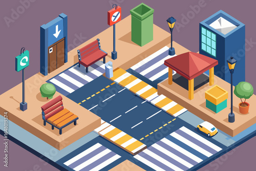 Vector isometric city illustration with buildings, streets, and houses, an urban design plan