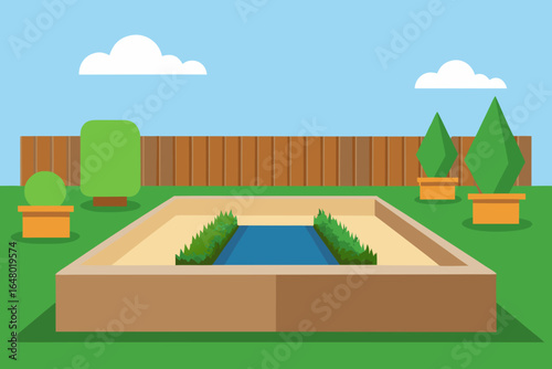 A colorful cartoon vector illustration of a house on a green hill with a tree, a road, and a bright blue sky with clouds