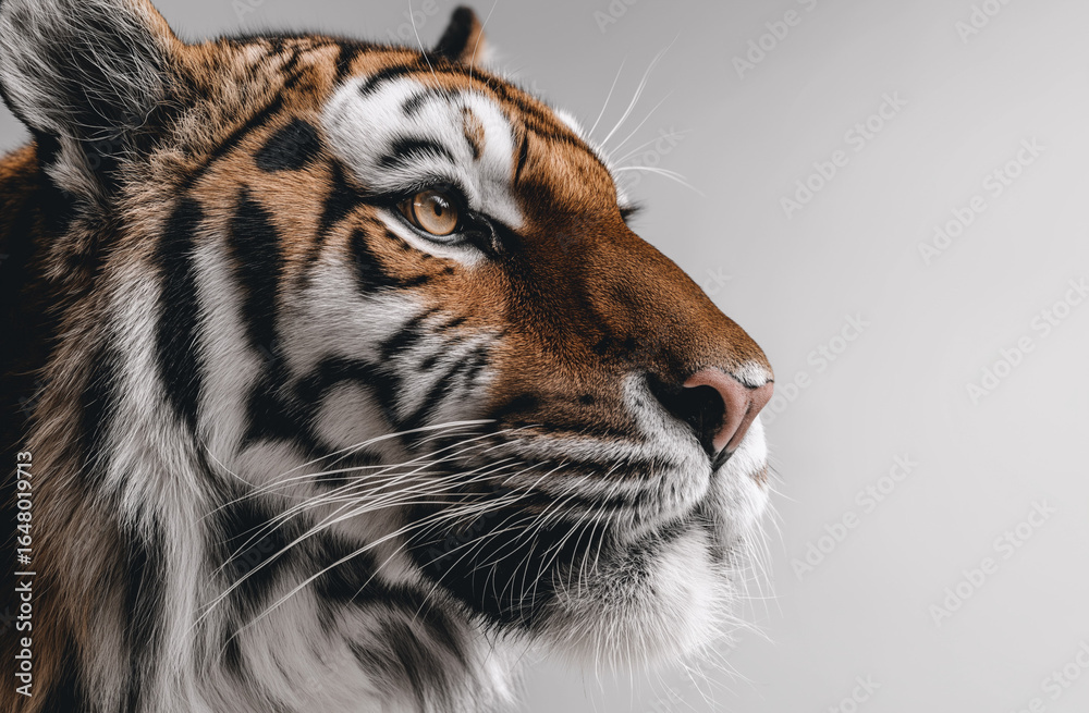 Fototapeta premium Tiger, portrait photography, side view, white and black background