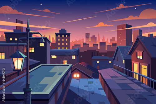 City night life on an urban road with bright lights from buildings and cars illuminating the street and creating a vibrant skyline