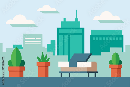 Vector illustration set of modern office interior design with furniture icons and building
