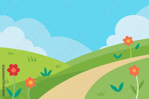 Summer landscape with a field of poppies under a blue sky with clouds and a distant mountain range