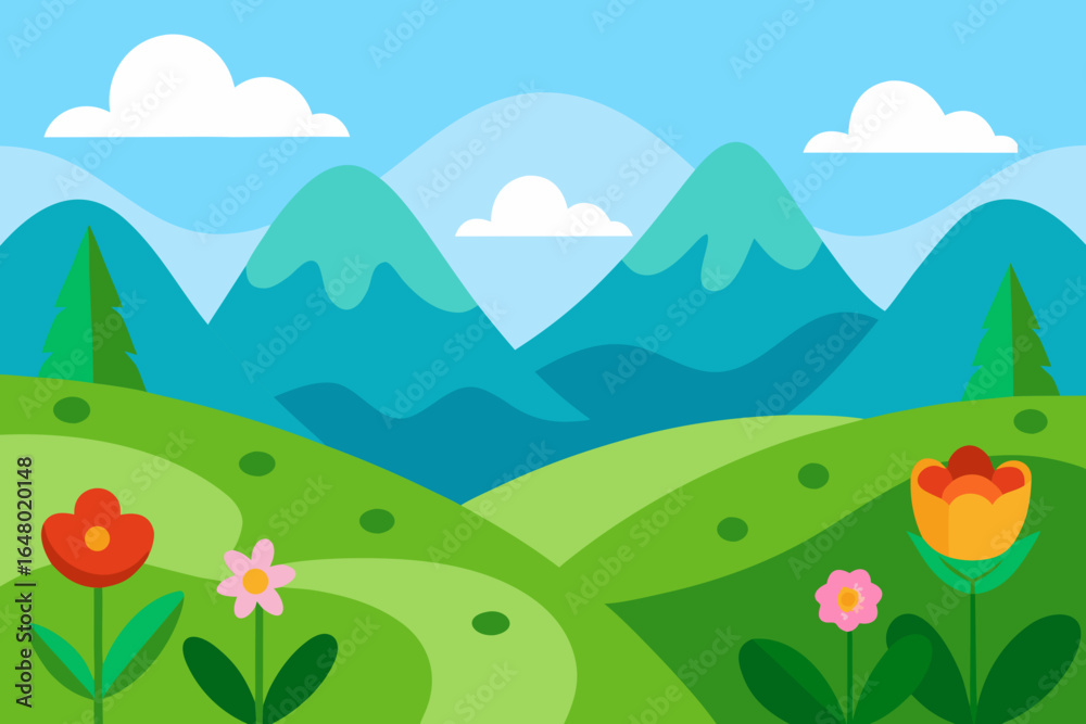 Obraz premium Mountain landscape with blue sky, green grass, and colorful flowers under a bright sun