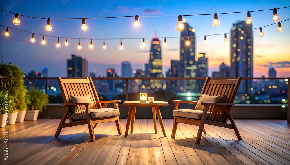 Rooftop Patio with City View at Sunset and String Lights Rooftop Patio with City View at Sunset and String Lights