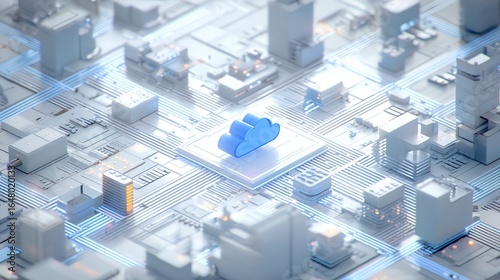 An isometric abstract representation depicts a network of interconnected structures culminating in a bright blue cloud symbol, evoking concepts of data flow and digital infrastructure.
