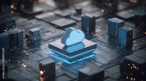 A glowing cloud icon rises above a complex cityscape of interconnected servers and circuitry, symbolizing modern data storage and network infrastructure, evoking a sense of technological advancement.