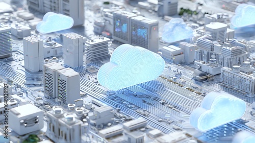 A futuristic cityscape rendered in a cool, monochromatic palette depicts interconnected buildings and glowing cloud formations, symbolizing digital infrastructure and data flow within a network.