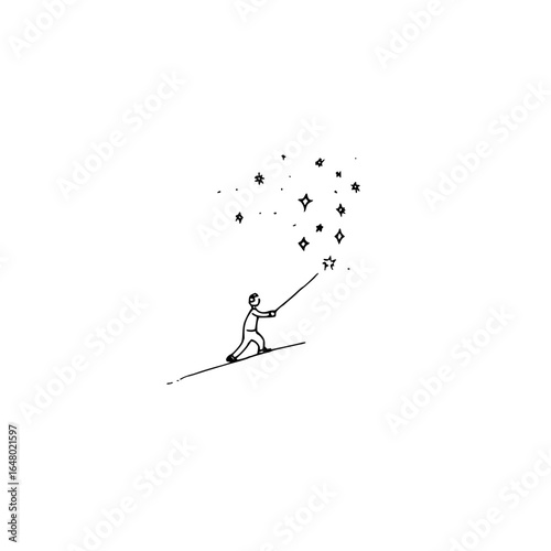 Wallpaper Mural Person reaching for stars with a stick on a slanted line in a minimalist black and white drawing Torontodigital.ca