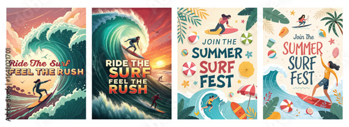 Dynamic summer surfing scenes showcasing vibrant waves, a celebratory atmosphere, and diverse surfers enjoying the thrill.