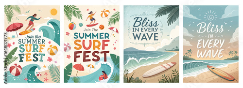 Colorful summer surf fest illustrations featuring surfing, beach scenes, and playful summer themes.