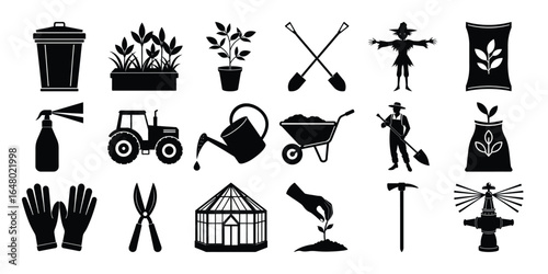 Vector illustration set of gardening and agriculture line icons including plants tools farmers crops watering planting harvesting greenhouse and farming equipment for cultivation and horticulture.