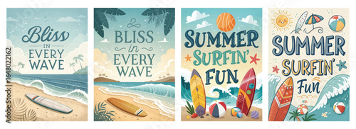 Colorful summer beach graphics featuring surfboards, waves, and playful text in a vibrant palette.
