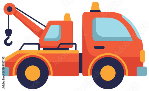 tow truck vector illustration in bright red orange with hook and crane arm perfect for roadside assistance breakdown recovery and automotive repair themed professional creative design projects