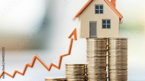 A house is shown with a stack of coins on top of it. The coins are arranged in a way that they look like they are growing in size, which could represent the value of the house increasing over time