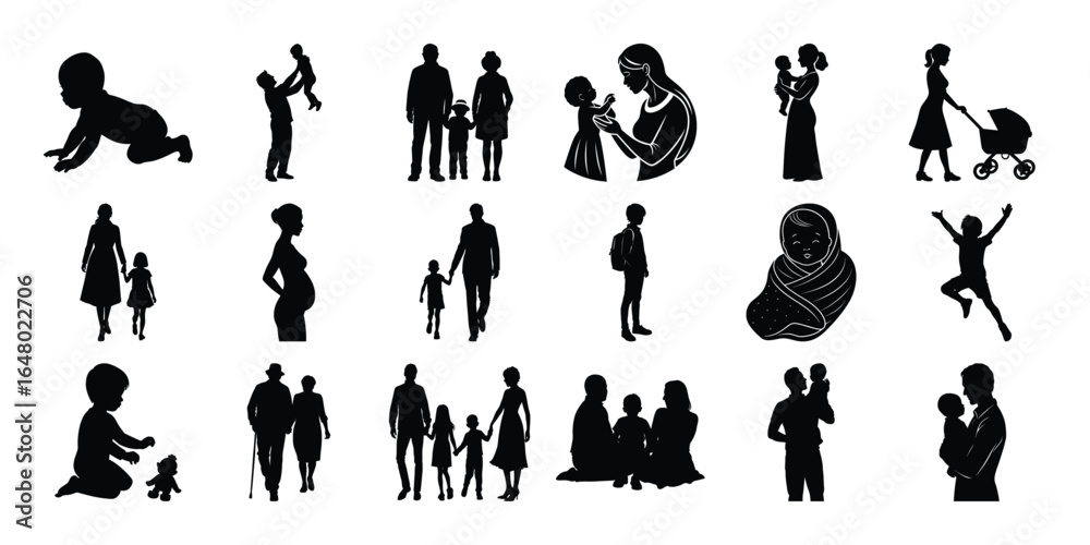 Obraz premium Vector illustration set of family and parenting line icons including parents children babies caregivers and family activities representing love care childhood parenting and family relationships.