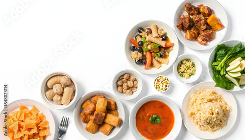 Overhead shot of multiple food dishes on table, crayon drawing. White tone