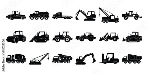 Vector illustration of construction transport vehicles including dump trucks excavators cranes bulldozers and cement mixers working on industrial building site with heavy machinery and equipment.