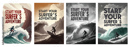 Four retro-style surfer adventure posters showcasing dynamic waves and a surfer in action.