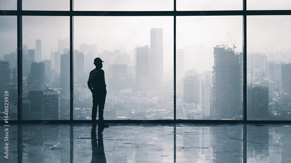 Fototapeta premium Silhouette of architect standing before large window cityscape background faceless design leader concept
