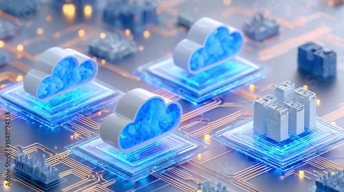 An isometric digital landscape depicts interconnected cloud computing infrastructure, showcasing data flow and network architecture with a futuristic aesthetic.