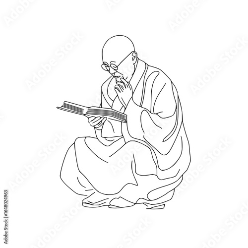 Line drawing of a bald man with glasses reading a book while squatting and touching his chin thoughtfully
