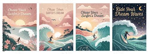 Four vibrant surf-themed illustrations capturing the beauty and thrill of ocean waves and surfing.