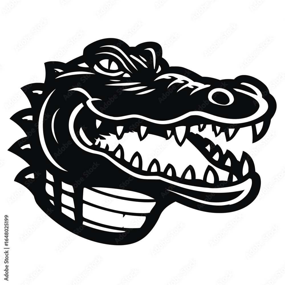Fototapeta premium Aggressive Alligator Head in Black and White Fierce Reptile Symbol with Open Mouth