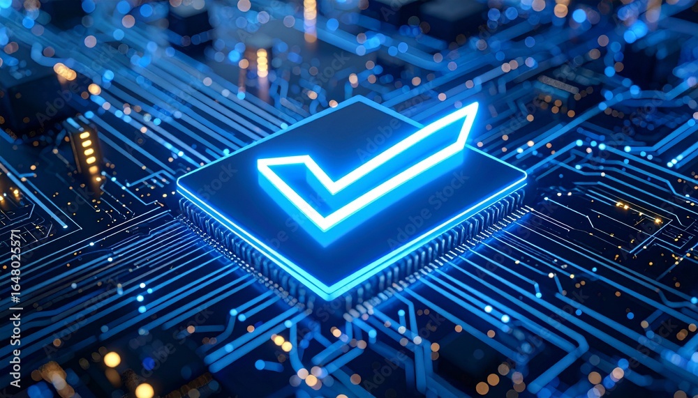 Fototapeta premium Scene with a glowing 3D check mark icon placed on a digital circuit board