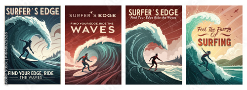 A vibrant surfing scene with a male surfer riding a large wave, capturing the thrill of ocean adventures.