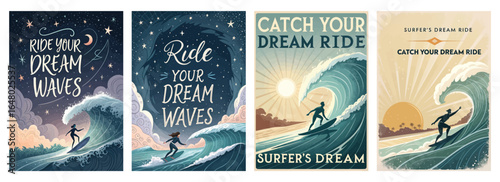 A set of vibrant, retro-inspired surfing posters with waves and surfers, evoking adventure and freedom.