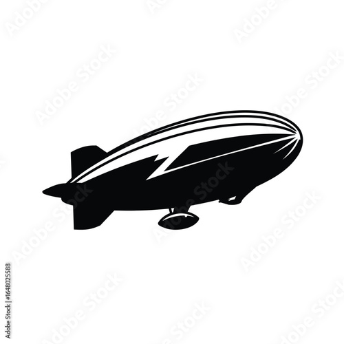 Monochrome vector icon of a classic dirigible with a lightning bolt graphic. A simple black and white blimp silhouette for transportation and advertising.