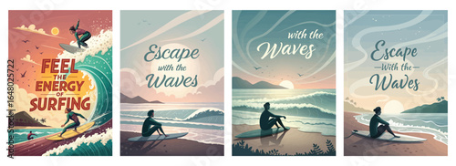 A vibrant series of surfing-themed illustrations capturing the essence of adventure and tranquility on the ocean.