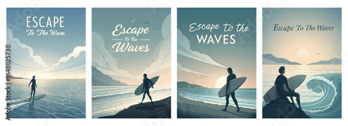 Stylized surf posters featuring a silhouette of a surfer, ocean waves, and serene coastal landscapes.