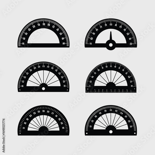  Protractor silhouette, 6 variations of a protractor in different styles and angles, black vector silhouette on pure white background