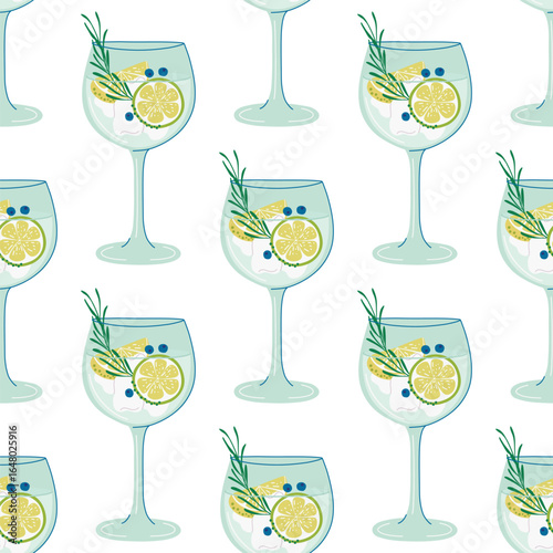 Glass of drink lemon slice, ice, berry and rosemary background. Refreshing Gin and Tonic Cock seamless pattern. Simple ornament for restaurant menu, party, event. Flat design hand drawn illustration.
