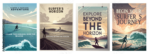 Collection of vintage surf-themed posters featuring surfers, waves, and horizons, evoking adventure and freedom.