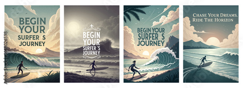A vibrant illustration of a surfer preparing to ride the waves at sunset, embodying adventure and freedom.