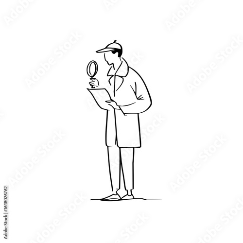 Detective inspecting document with magnifying glass in a minimalist line art style illustration