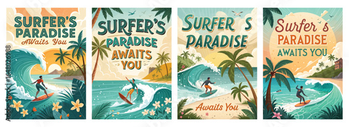 Vibrant illustrations of surfers enjoying paradise, showcasing the excitement and beauty of ocean waves and tropical scenery.