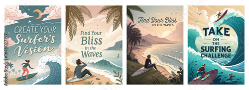 Colorful illustrations of surfers embracing the ocean and waves, promoting a joyful surfing lifestyle.