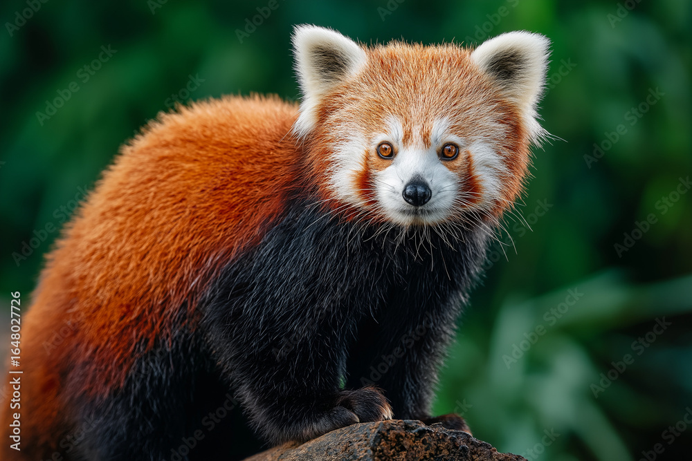 Fototapeta premium A red panda is standing on the edge of a tree trunk, looking at the camera with its mouth close, against a green background,