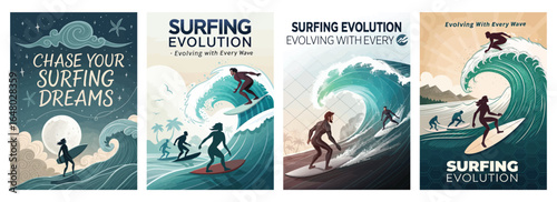 Four vibrant surfing-themed posters showcasing different styles and waves, emphasizing the thrill of surfing.