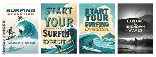 A vibrant collection of surfing-themed illustrations showcasing the spirit of adventure and ocean exploration.