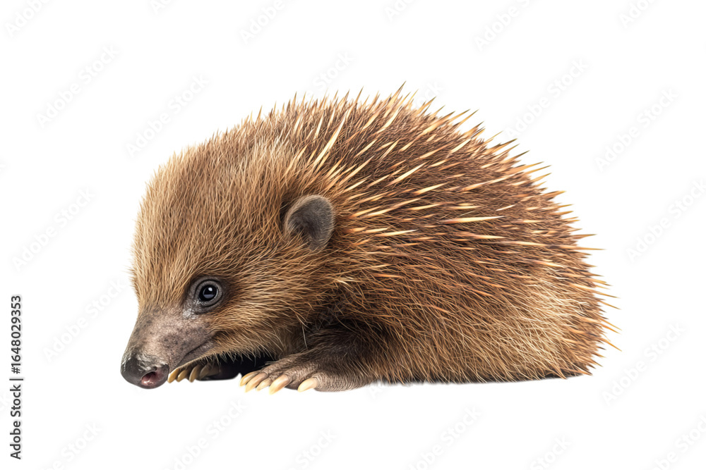 Fototapeta premium A close-up of a cute, brown hedgehog with soft quills, showcasing its unique features and small, round face.