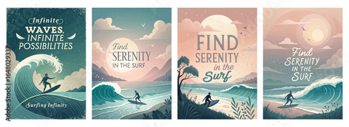 A serene surfing scene with a silhouette of a surfer riding a wave at sunset.