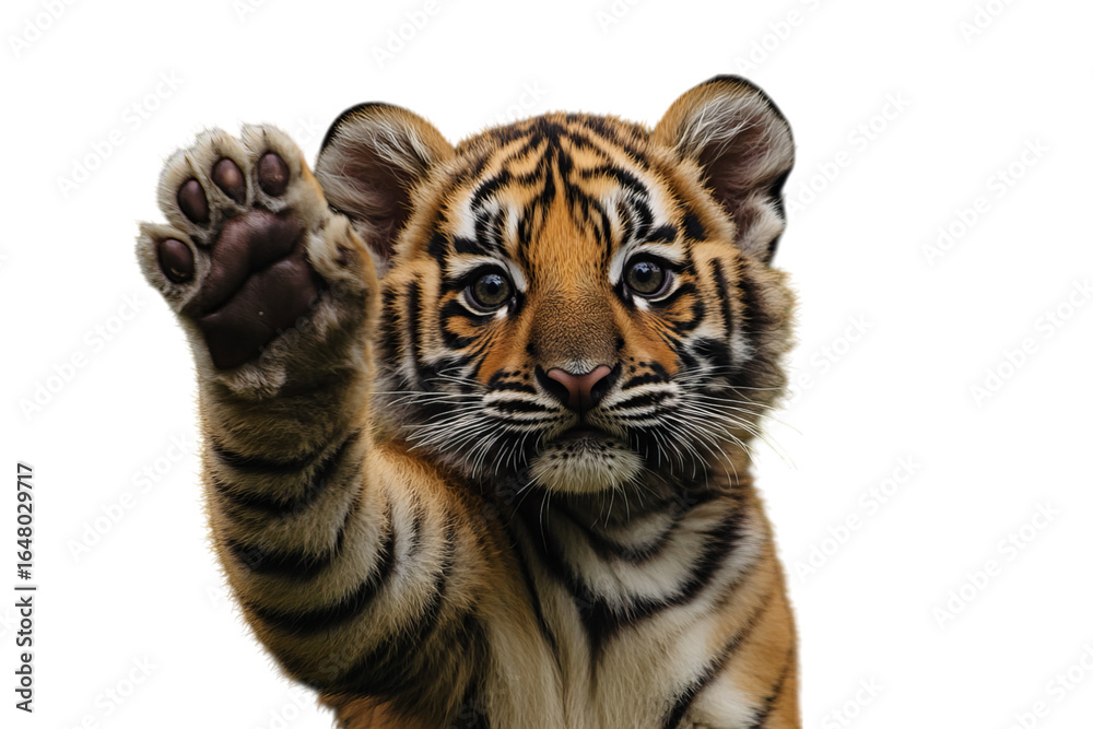 Fototapeta premium Adorable tiger cub raising its paw, showcasing its curiosity and playful spirit.