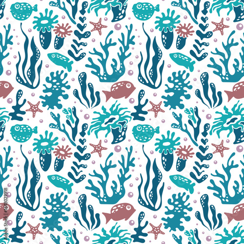 Silhouettes of sea inhabitants and algae with bubbles under water in simple style. Undersea pattern with fish, starfishes, algae and coral. Vector seamless pattern for fabric, textile, wallpaper.